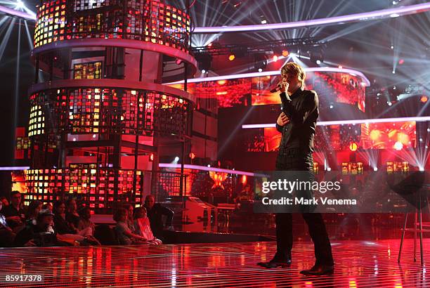 Daniel Schuhmacher performs his song during the rehearsel for the singer qualifying contest DSDS 'Deutschland sucht den Superstar' 5th motto show on...