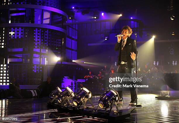 Benny Kieckhaeben performs his song during the rehearsel for the singer qualifying contest DSDS 'Deutschland sucht den Superstar' 5th motto show on...