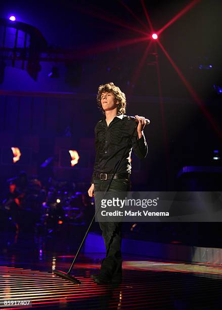 Dominik Buechele performs his song during the rehearsel for the singer qualifying contest DSDS 'Deutschland sucht den Superstar' 5th motto show on...