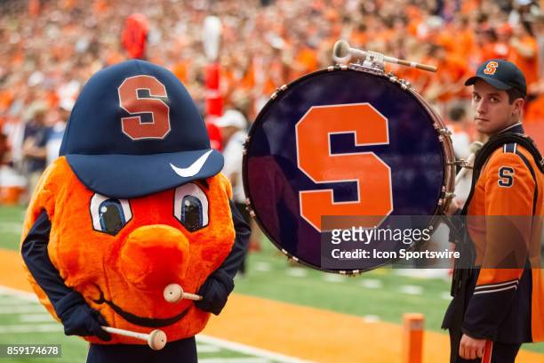 Syracuse Orange mascot Otto plays the drums during a college football game between Pittsburgh Panthers and Syracuse Orange on October 7 at the...