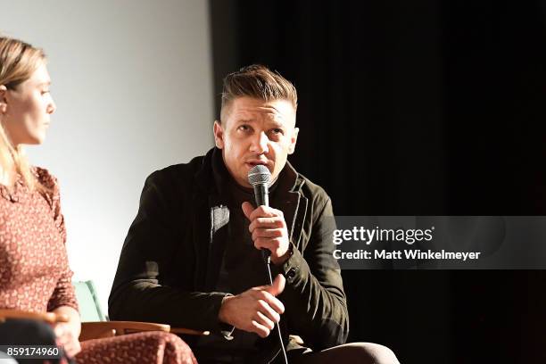 Actors Elizabeth Olsen and Jeremy Renner attend the "Wind River" Q&A at Aero Theatre on October 8, 2017 in Santa Monica, California.