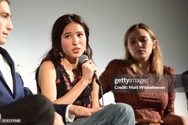 Actors Kelsey Chow and Elizabeth Olsen attend the "Wind River" Q&A at Aero Theatre on October 8, 2017 in Santa Monica, California.