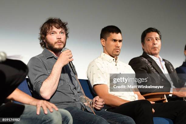 Cinematographer Ben Richardson, and actors Martin Sensmeier, and Gil Birmingham attend the "Wind River" Q&A at Aero Theatre on October 8, 2017 in...