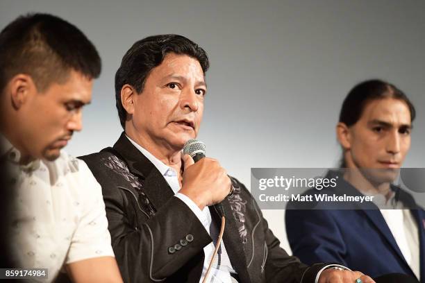 Actors Martin Sensmeier, Gil Birmingham and Tokala Clifford attend the "Wind River" Q&A at Aero Theatre on October 8, 2017 in Santa Monica,...