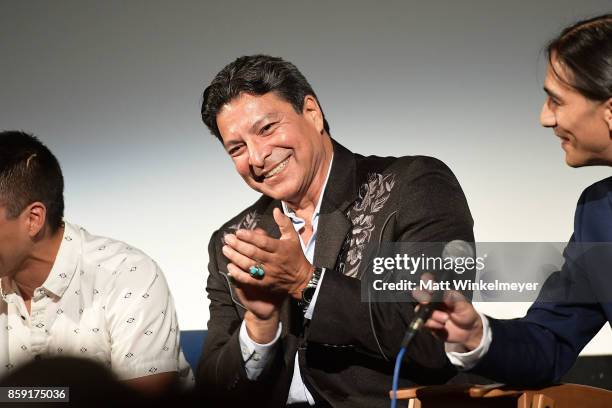 Actors Martin Sensmeier, Gil Birmingham, and Tokala Clifford attend the "Wind River" Q&A at Aero Theatre on October 8, 2017 in Santa Monica,...