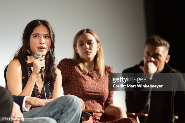 Actors Kelsey Chow, Elizabeth Olsen, and Jeremy Renner attend the "Wind River" Q&A at Aero Theatre on October 8, 2017 in Santa Monica, California.