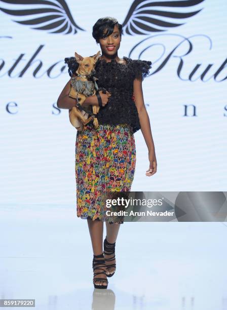 Model walks the runway wearing Anthony Rubio at Los Angeles Fashion Week SS18 Art Hearts Fashion LAFW on October 8, 2017 in Los Angeles, California.