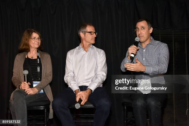 Director Allison Argo and President of Farm Sanctuary Gene Baur and moderator Danny Moss speak on stage during "Compassion, Jusice and Animal Rights"...