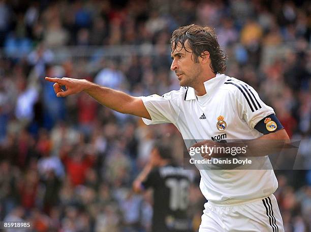 Raul Gonzalez of Real Madrid celebrates after scoring Real's first goal during the La Liga match between Real Madrid and Valladolid at the Santiago...