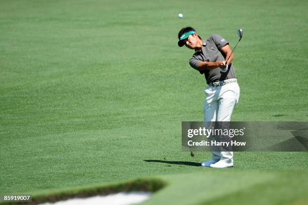 Ryuji Imada of Japan plays a pitch shot on the second hole during the final round of the 2009 Masters Tournament at Augusta National Golf Club on...