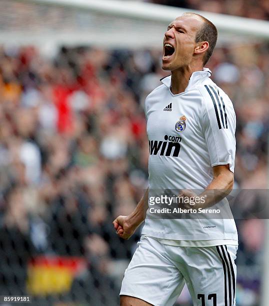 Arjen Robben of Real Madrid celebrates his goal against Real Valladolid during the La Liga match between Real Madrid and Real Valladolid at the...