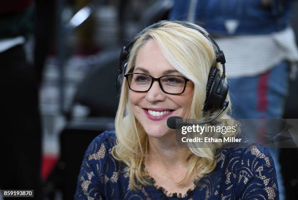 Reporter and analyst Doris Burke broadcasts after a preseason game between the Sacramento Kings and the Los Angeles Lakers at T-Mobile Arena on...