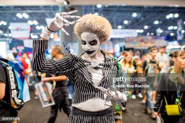 Fan cosplays as Jack Skellington from "The Nightmare Before Christmas" during the 2017 New York Comic Con - Day 4 on October 8, 2017 in New York City.