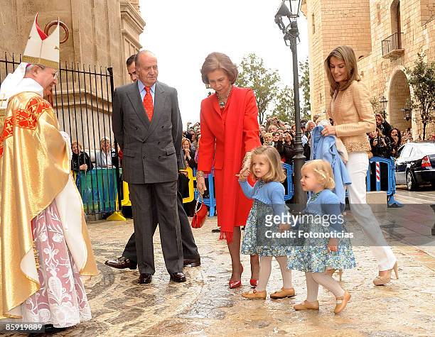 King Juan Carlos of Spain, Queen Sofia of Spain, Princess Letizia of Spain, Princess Sofia and Princess Leonor attend Easter Mass at Palma de...