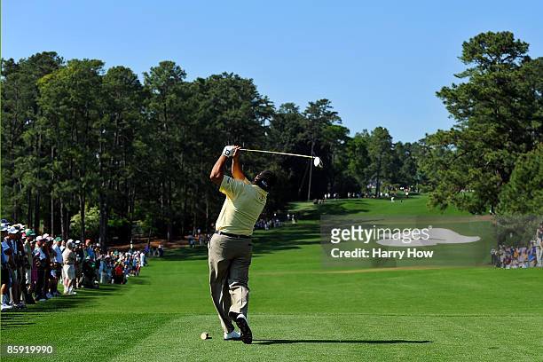 Angel Cabrera of Argentina hits his tee shot on the eighth hole during the final round of the 2009 Masters Tournament at Augusta National Golf Club...