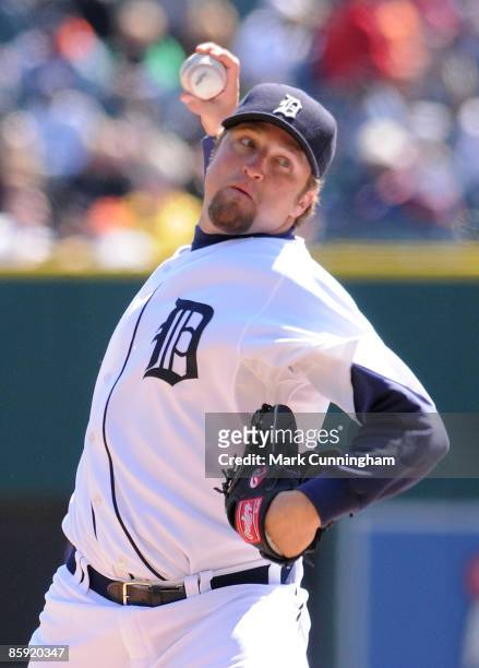 Brandon Lyon of the Detroit Tigers pitches against the Texas Rangers during the game at Comerica Park on April 12, 2009 in Detroit, Michigan. The...