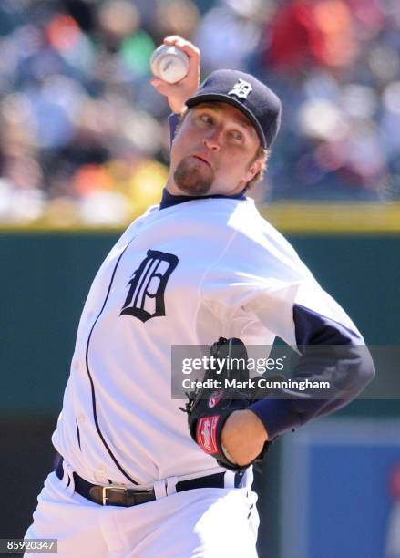 Brandon Lyon of the Detroit Tigers pitches against the Texas Rangers during the game at Comerica Park on April 12, 2009 in Detroit, Michigan. The...