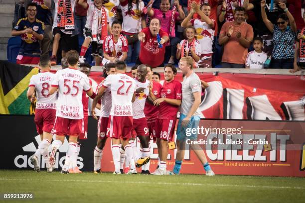 Members of the New York Red Bulls including Captain Sacha Kljestan of New York Red Bulls, Luis Robles of New York Red Bulls, Aaron Long of New York...