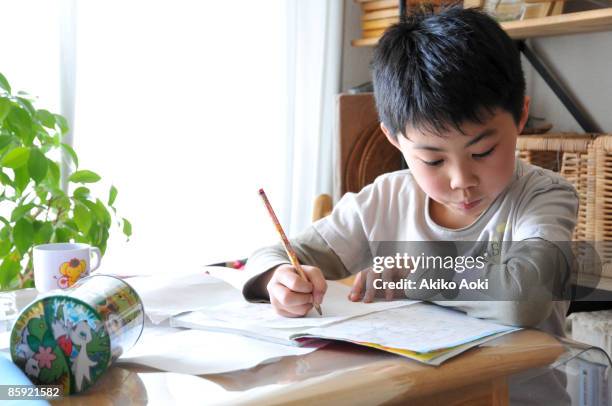 a boy doing homework - workbook stock pictures, royalty-free photos & images