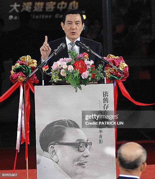 Taiwan's President Ma Ying-jeou speaks during the opening ceremony of an exhibition on the island's late president Chiang Ching-kuo in Tahsi,...