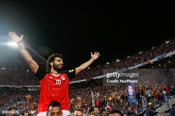 Egypts Mohamed Salah celebrating World Cup access and victory over Congo during the 2018 World Cup group E qualifying soccer match at Borg El Arab...