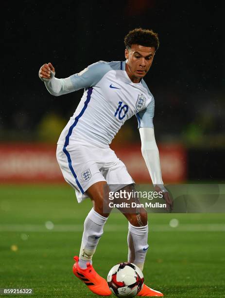 Dele Alli of England controls the ball during the FIFA 2018 World Cup Group F Qualifier between Lithuania and England at LFF Stadium on October 8,...
