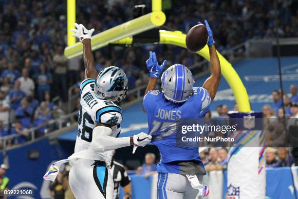 Carolina Panthers cornerback Daryl Worley is called for pass interference as Detroit Lions wide receiver T.J. Jones attempts to catch a pass uring...