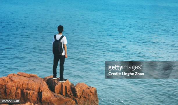 young man standing on the rock by sea - linghe zhao stock pictures, royalty-free photos & images