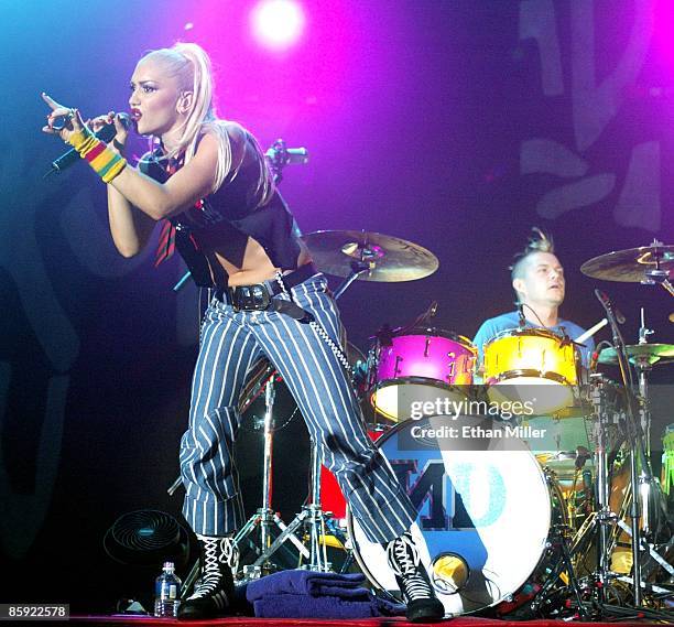No Doubt singer Gwen Stefani and drummer Adrian Young perform during a sold-out show at The Joint inside the Hard Rock Hotel & Casino March 30, 2002...