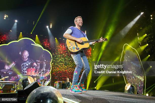 Musician Chris Martin of Coldplay performs on stage at SDCCU Stadium on October 8, 2017 in San Diego, California.