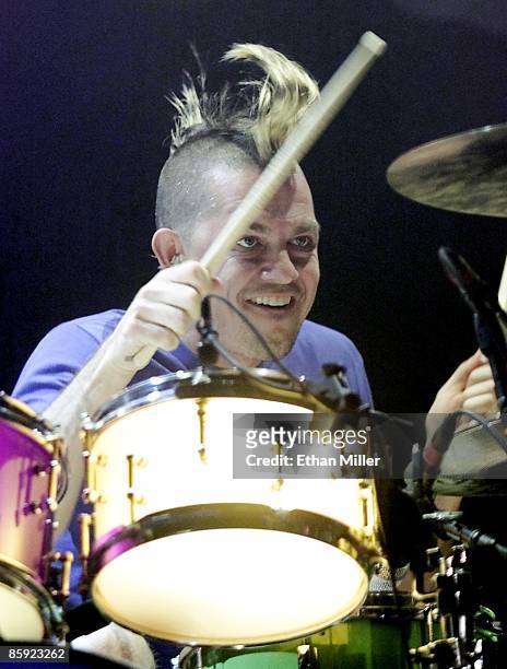 No Doubt drummer Adrian Young performs during a sold-out show at The Joint inside the Hard Rock Hotel & Casino March 30, 2002 in Las Vegas, Nevada....