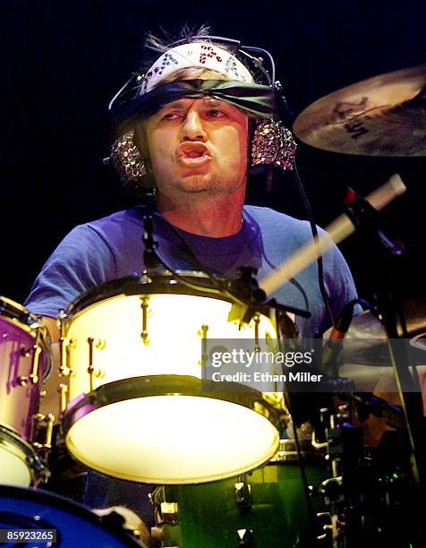 No Doubt drummer Adrian Young performs during a sold-out show at The Joint inside the Hard Rock Hotel & Casino March 30, 2002 in Las Vegas, Nevada....