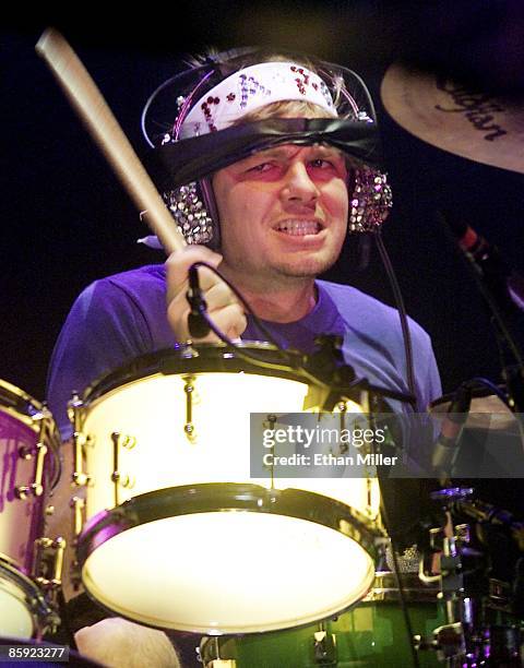 No Doubt drummer Adrian Young performs during a sold-out show at The Joint inside the Hard Rock Hotel & Casino March 30, 2002 in Las Vegas, Nevada....