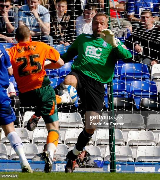 Birmingham goalkeeper Maik Taylor challenges Plymouth forward Jamie Mackie and is sent off during the Coca Cola Championship match between Birmingham...