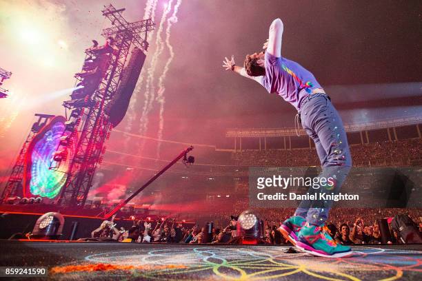 Musician Chris Martin of Coldplay performs on stage at SDCCU Stadium on October 8, 2017 in San Diego, California.
