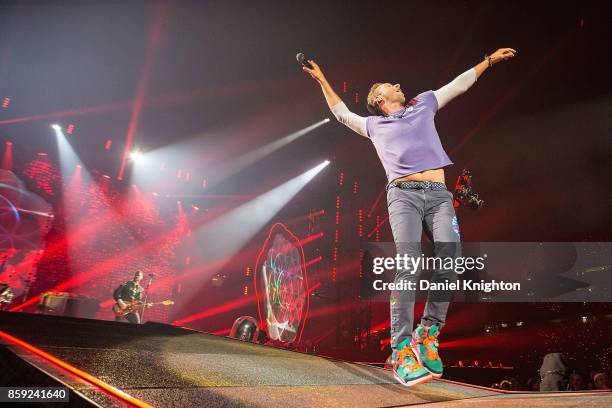 Musician Chris Martin of Coldplay performs on stage at SDCCU Stadium on October 8, 2017 in San Diego, California.