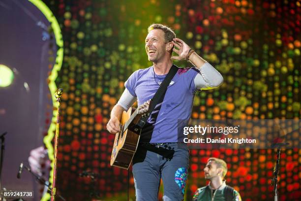 Musician Chris Martin of Coldplay performs on stage at SDCCU Stadium on October 8, 2017 in San Diego, California.