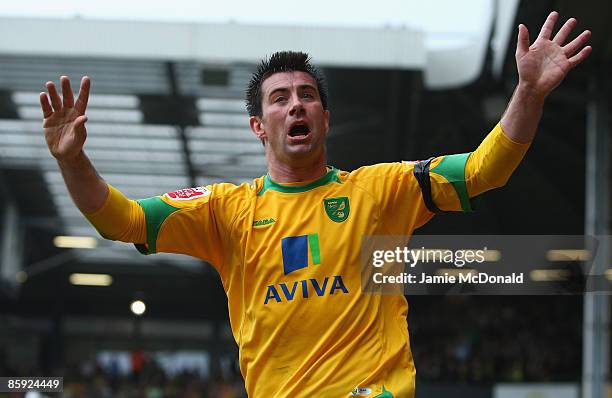 Alan Lee of Norwich celebrates his goal in vain as it was ruled off-side during the Coca Cola Championship match between Norwich City and Watford at...