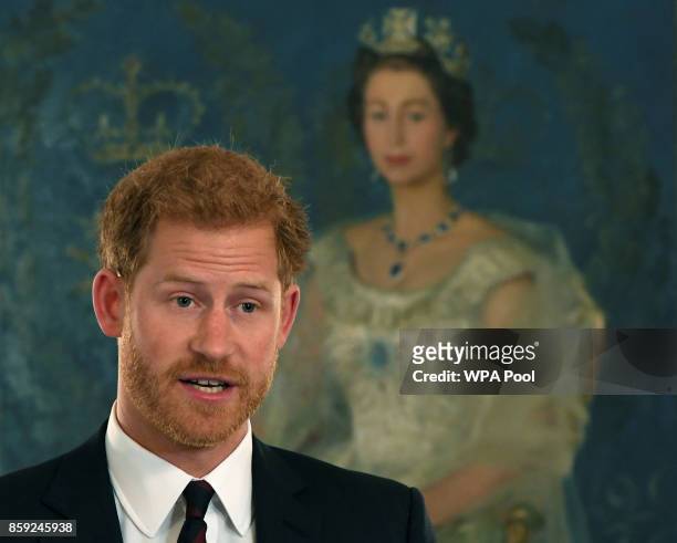 Britain's Prince Harry speaks at an event on mental health at the Ministry of Defence on October 9, 2017 in London, England.