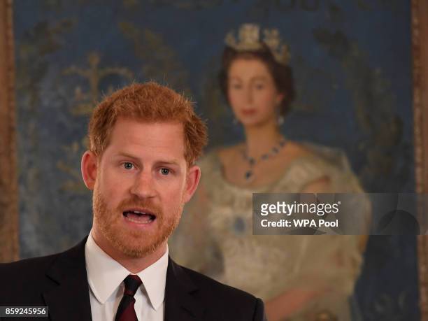 Britain's Prince Harry speaks at an event on mental health at the Ministry of Defence on October 9, 2017 in London, England.