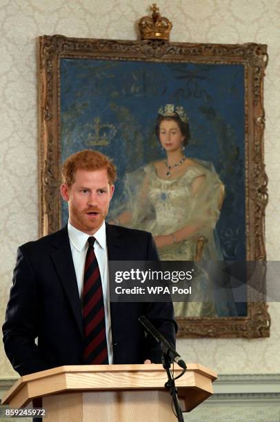 Britain's Prince Harry speaks at an event on mental health at the Ministry of Defence on October 9, 2017 in London, England.