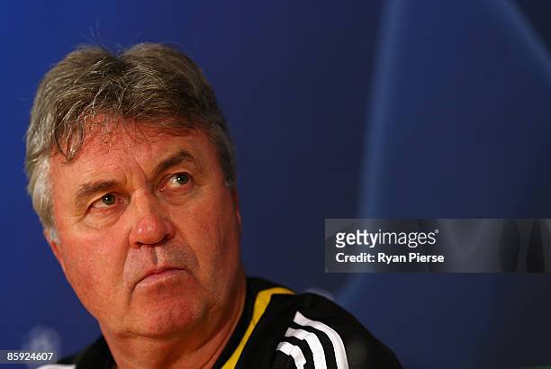 Guus Hiddink, manager of Chelsea, speaks to the media during the Chelsea Press Conference at Stamford Bridge on April 13, 2009 in London, England.