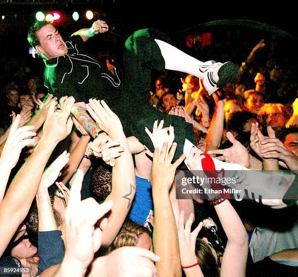 Taproot frontman Stephen Richards crowd surfs as the band kicks off its tour in support of the upcoming album, "Welcome" at The Castle August 13,...