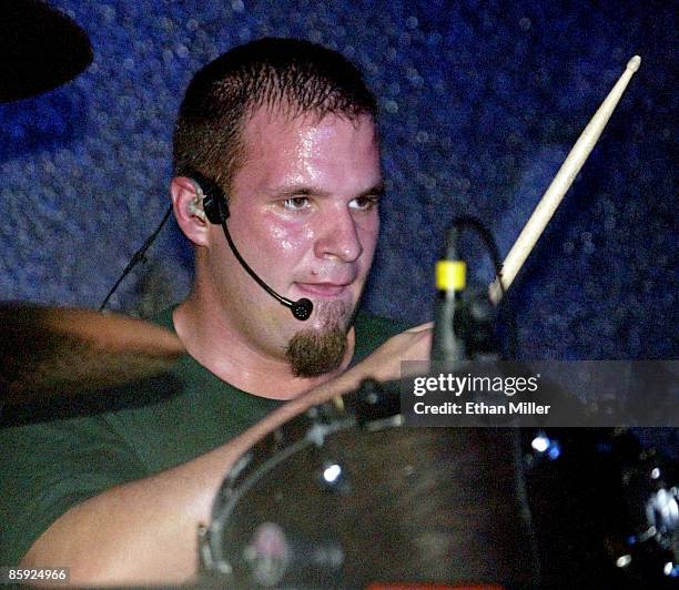 Taproot drummer Jarrod Montague performs as the band kicks off its tour in support of the upcoming album, "Welcome" at The Castle August 13, 2002 in...