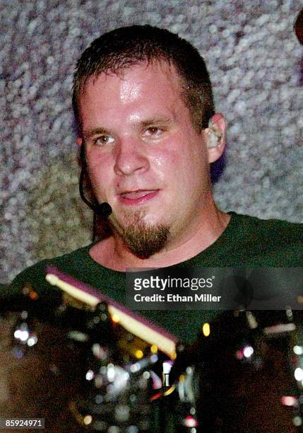 Taproot drummer Jarrod Montague performs as the band kicks off its tour in support of the upcoming album, "Welcome" at The Castle August 13, 2002 in...