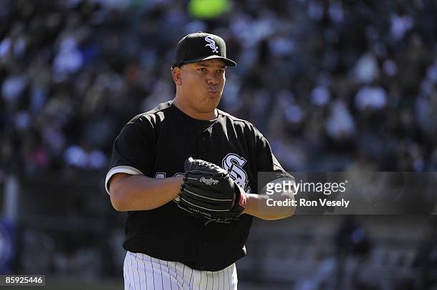 Bartolo Colon of the Chicago White Sox walks off the mound during the game against the Minnesota Twins on April 11, 2009 at U.S. Cellular Field in...