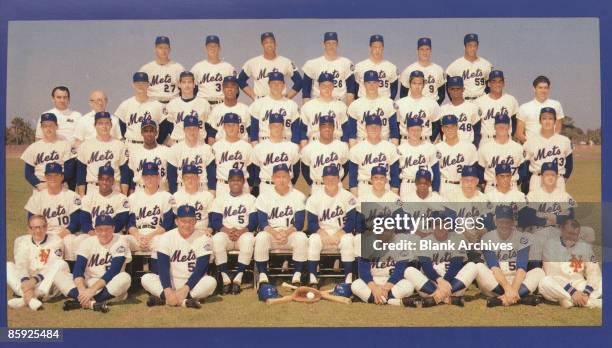 Team portrait of the 1969 New York Mets baseball team, 1969. The portrait, from a fan giveaway postcard, features, from left, front row; Gus Mauch,...