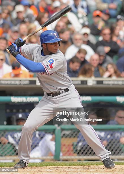 Elvis Andrus of the Texas Rangers bats against the Detroit Tigers during the opening day game at Comerica Park on April 10, 2009 in Detroit,...