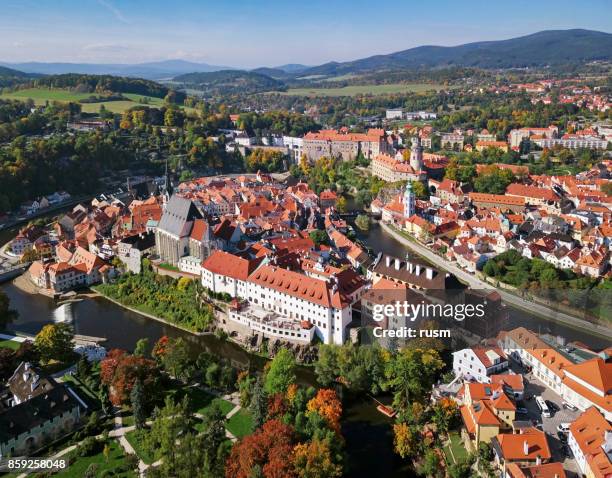 aerial panorama of cesky krumlov - cesky krumlov autumn stock pictures, royalty-free photos & images