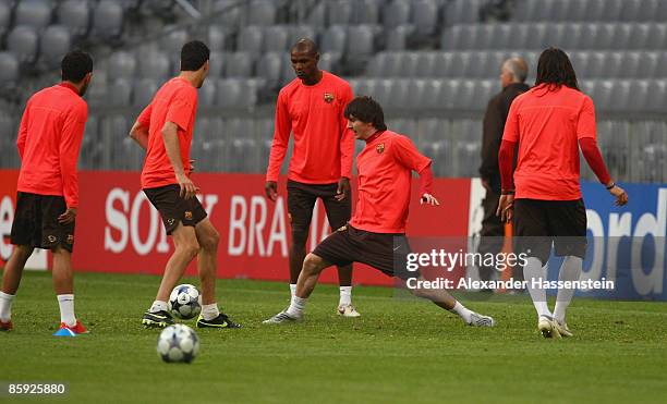 Lionel Andres Messi challenge the ball during the FC Barcelona training session at the Allianz Arena on April 13, 2009 in Munich, Germany. Barcelona...